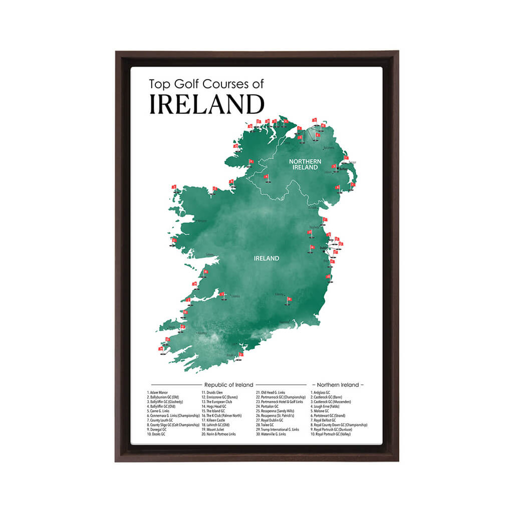 Gallery Wrapped Canvas Top Golf Courses of Ireland Map in Brown Float Frame in 16&quot; x 24&quot; size