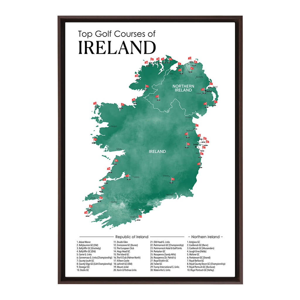 Gallery Wrapped Canvas Top Golf Courses of Ireland Map in Brown Float Frame in 24&quot; x 36&quot; size