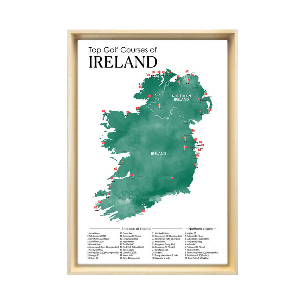 Gallery Wrapped Canvas Top Golf Courses of Ireland Map in Natural Tan Float Frame in 16&quot; x 24&quot; size
