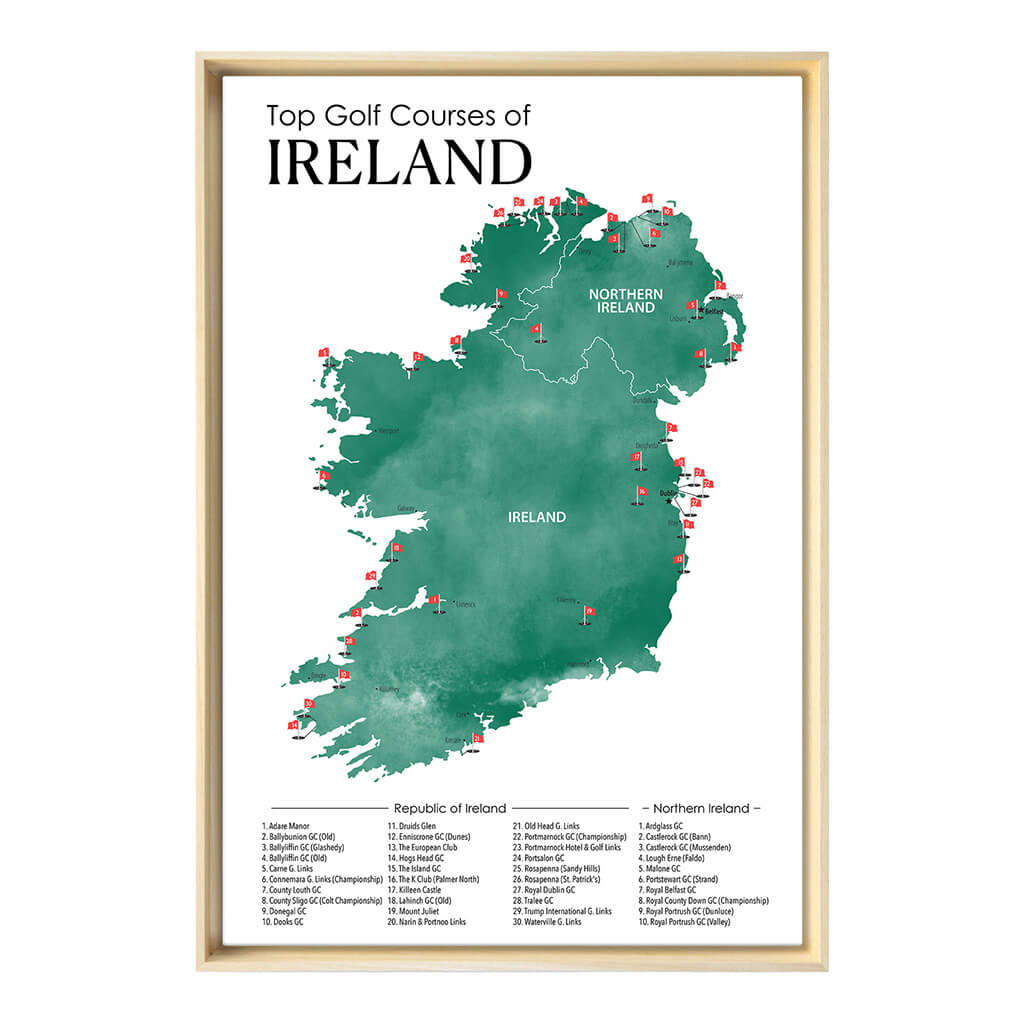 Gallery Wrapped Canvas Top Golf Courses of Ireland Map in Natural Float Frame in 24&quot; x 36&quot; size
