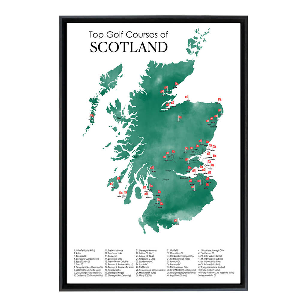 Gallery Wrapped Canvas Top Golf Courses of Scotland Map in Black Float Frame in 24&quot; x 36&quot; size