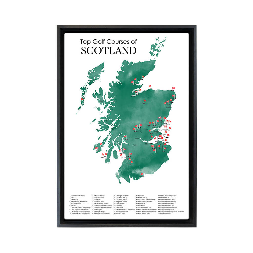 Gallery Wrapped Canvas Top Golf Courses of Scotland Map in Black Float Frame in 16" x 24" size