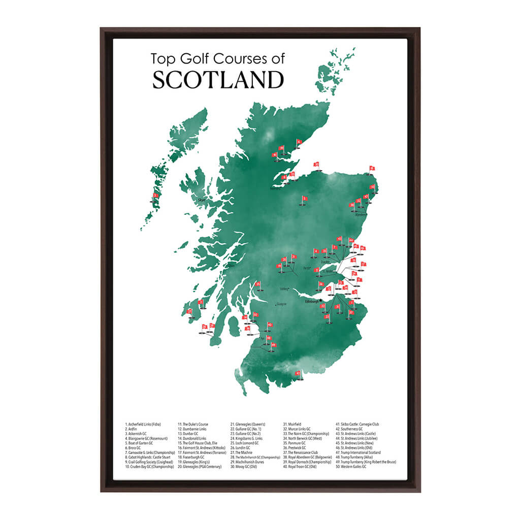 Gallery Wrapped Canvas Top Golf Courses of Scotland Map in Brown Float Frame in 24&quot; x 36&quot; size