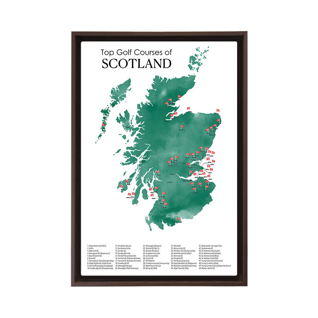 Gallery Wrapped Canvas Top Golf Courses of Scotland Map in Brown Float Frame in 16" x 24" size