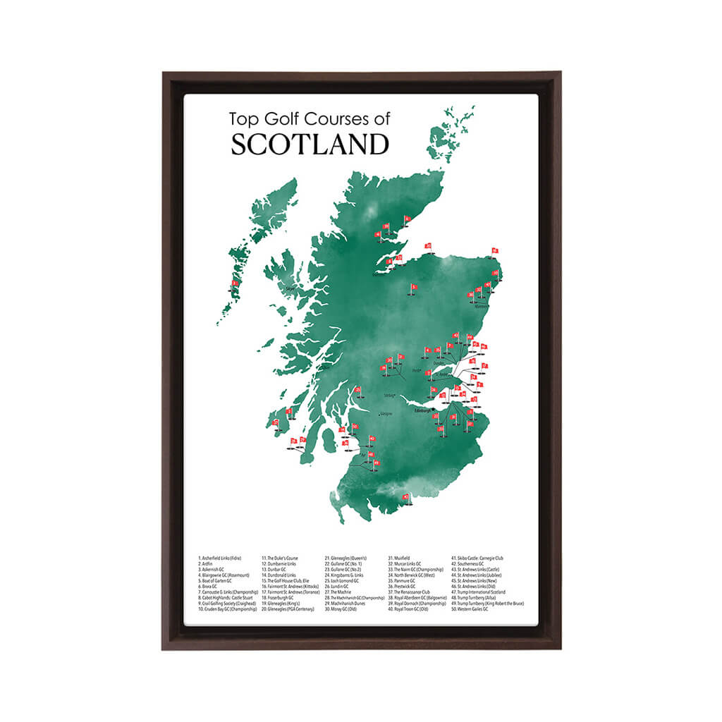 Gallery Wrapped Canvas Top Golf Courses of Scotland Map in Brown Float Frame in 16&quot; x 24&quot; size