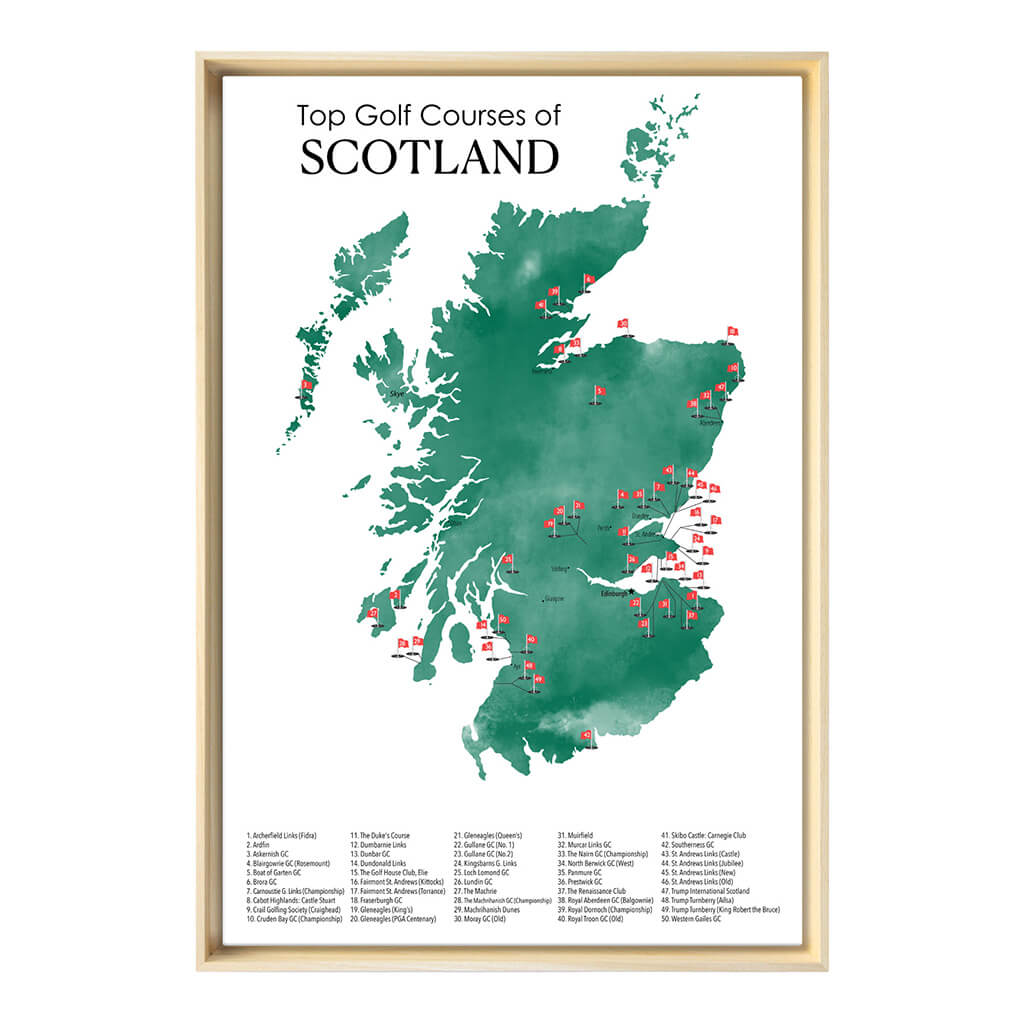 Gallery Wrapped Canvas Top Golf Courses of Scotland Map in Natural Float Frame in 24&quot; x 36&quot; size