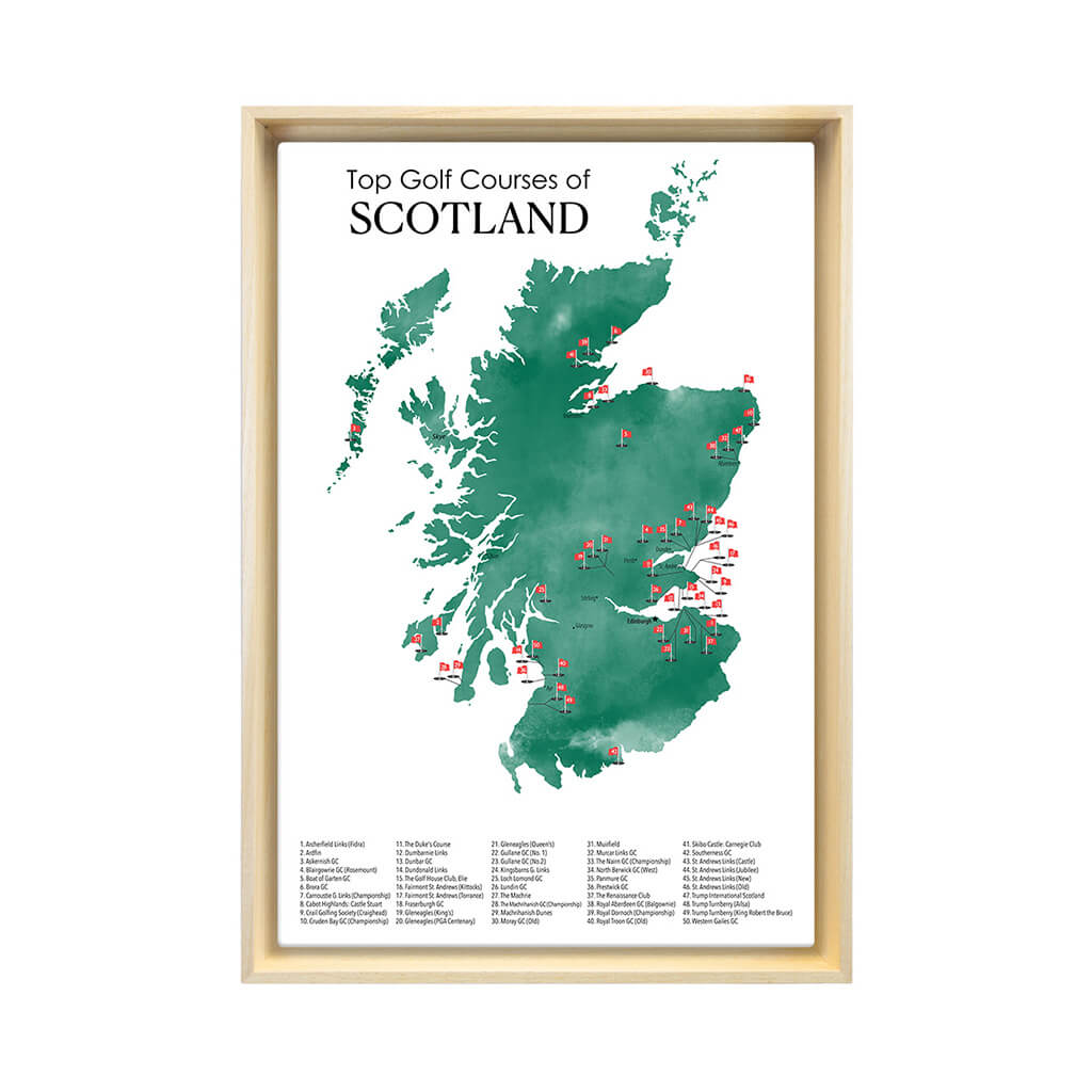 Gallery Wrapped Canvas Top Golf Courses of Scotland Map in Natural Tan Float Frame in 16&quot; x 24&quot; size