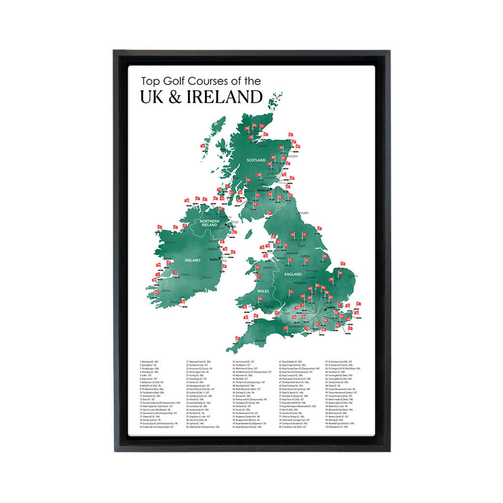 Gallery Wrapped Canvas Top Golf Courses of The UK and Ireland Map in Black Float Frame in 16&quot; x 24&quot; size