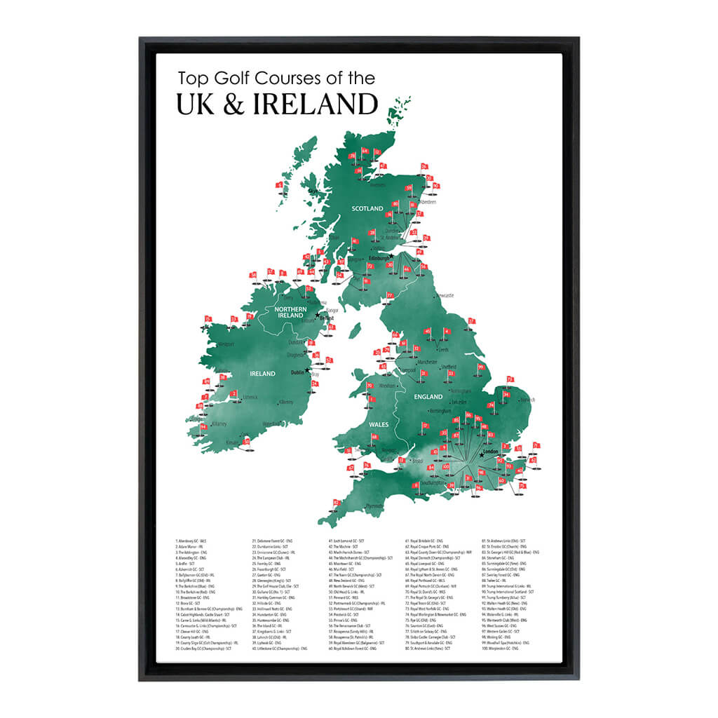 Gallery Wrapped Canvas Top Golf Courses of The UK and Ireland Map in Black Float Frame in 24&quot; x 36&quot; size