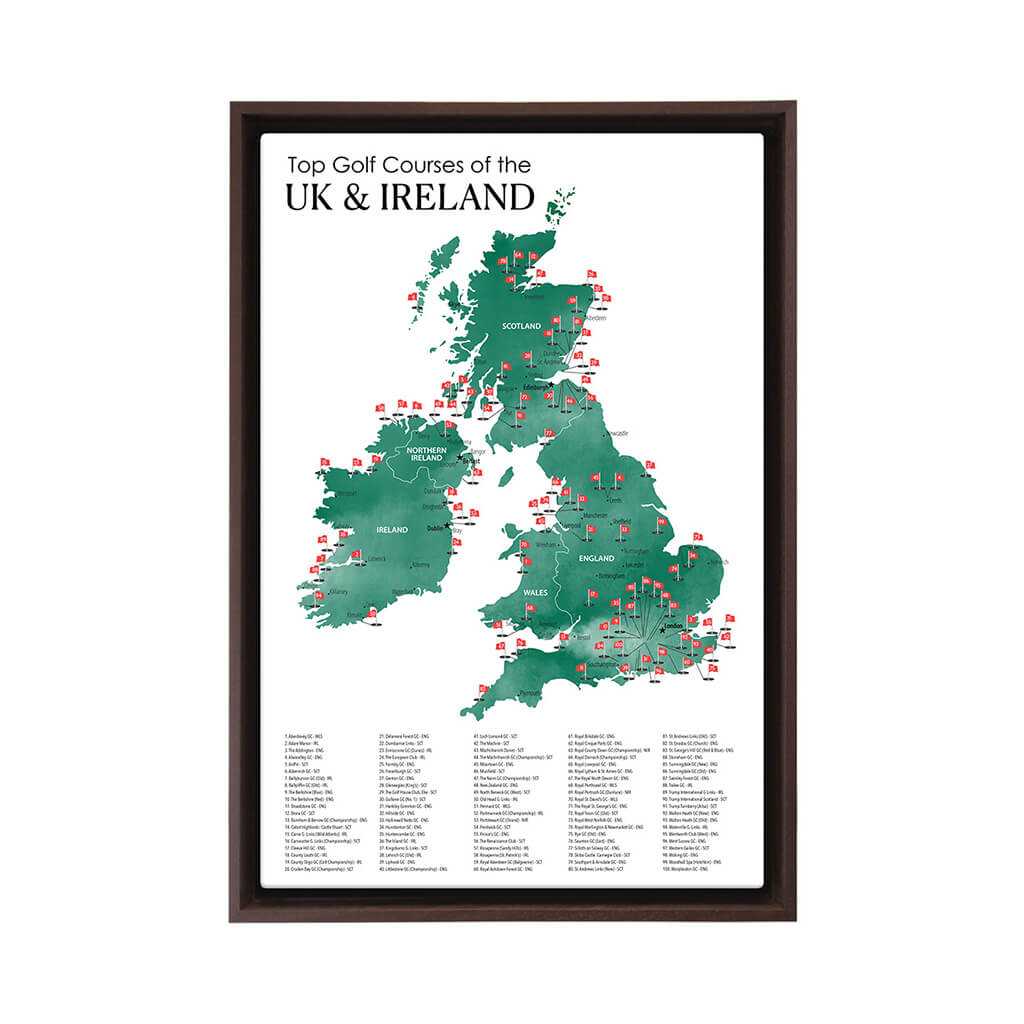 Gallery Wrapped Canvas Top Golf Courses of The UK and Ireland Map in Brown Float Frame in 16&quot; x 24&quot; size
