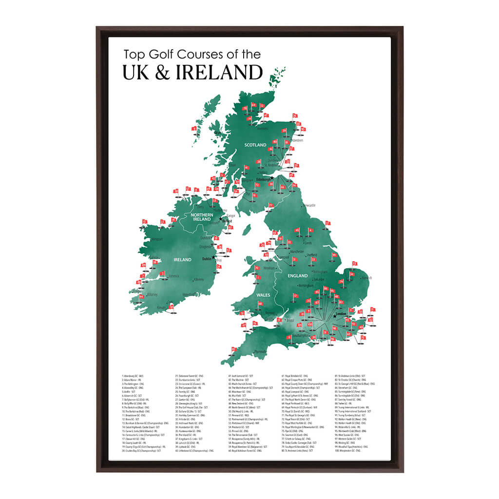 Gallery Wrapped Canvas Top Golf Courses of The UK and Ireland Map in Brown Float Frame in 24" x 36" size