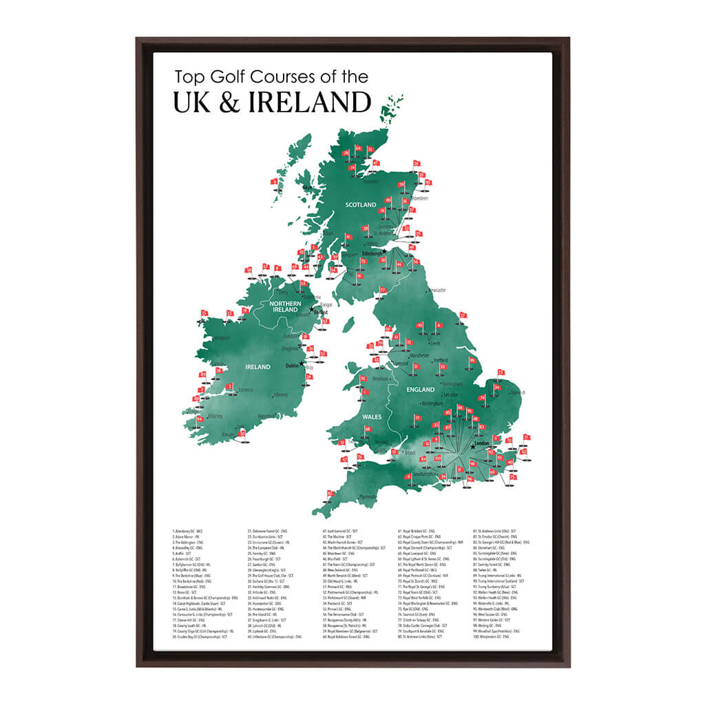 Gallery Wrapped Canvas Top Golf Courses of The UK and Ireland Map in Brown Float Frame in 24&quot; x 36&quot; size