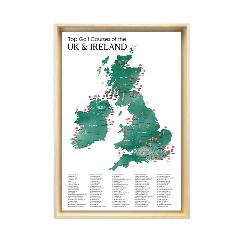 Gallery Wrapped Canvas Top Golf Courses of The UK and Ireland Map in Natural Tan Float Frame in 16&quot; x 24&quot; size