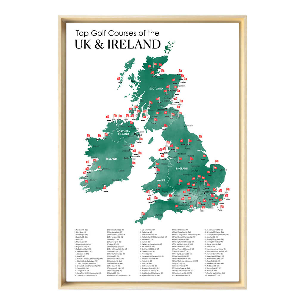 Gallery Wrapped Canvas Top Golf Courses of The UK and Ireland Map in Natural Float Frame in 24&quot; x 36&quot; size