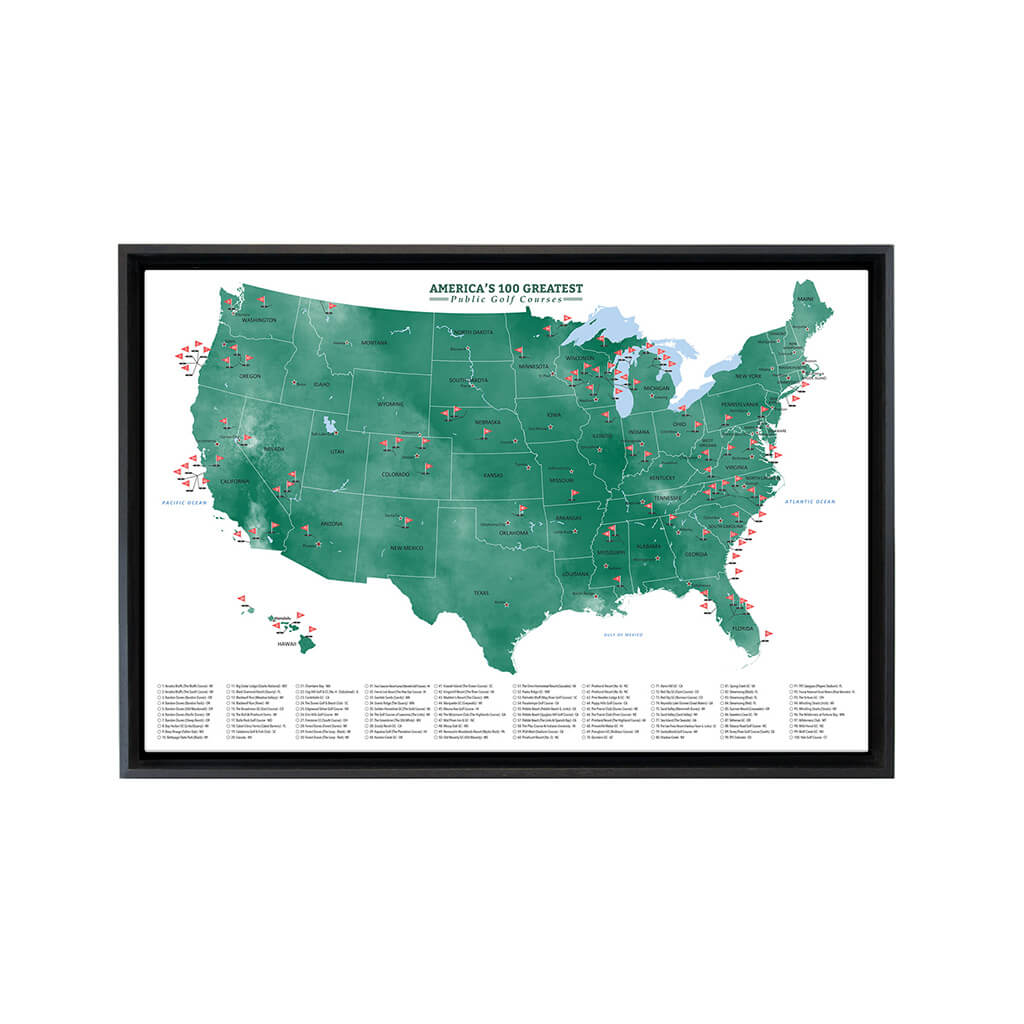 America&#39;s Top 100 Public Golf Courses Gallery Canvas Map in Optional Black Float Frame - 20&quot; x 30&quot; size