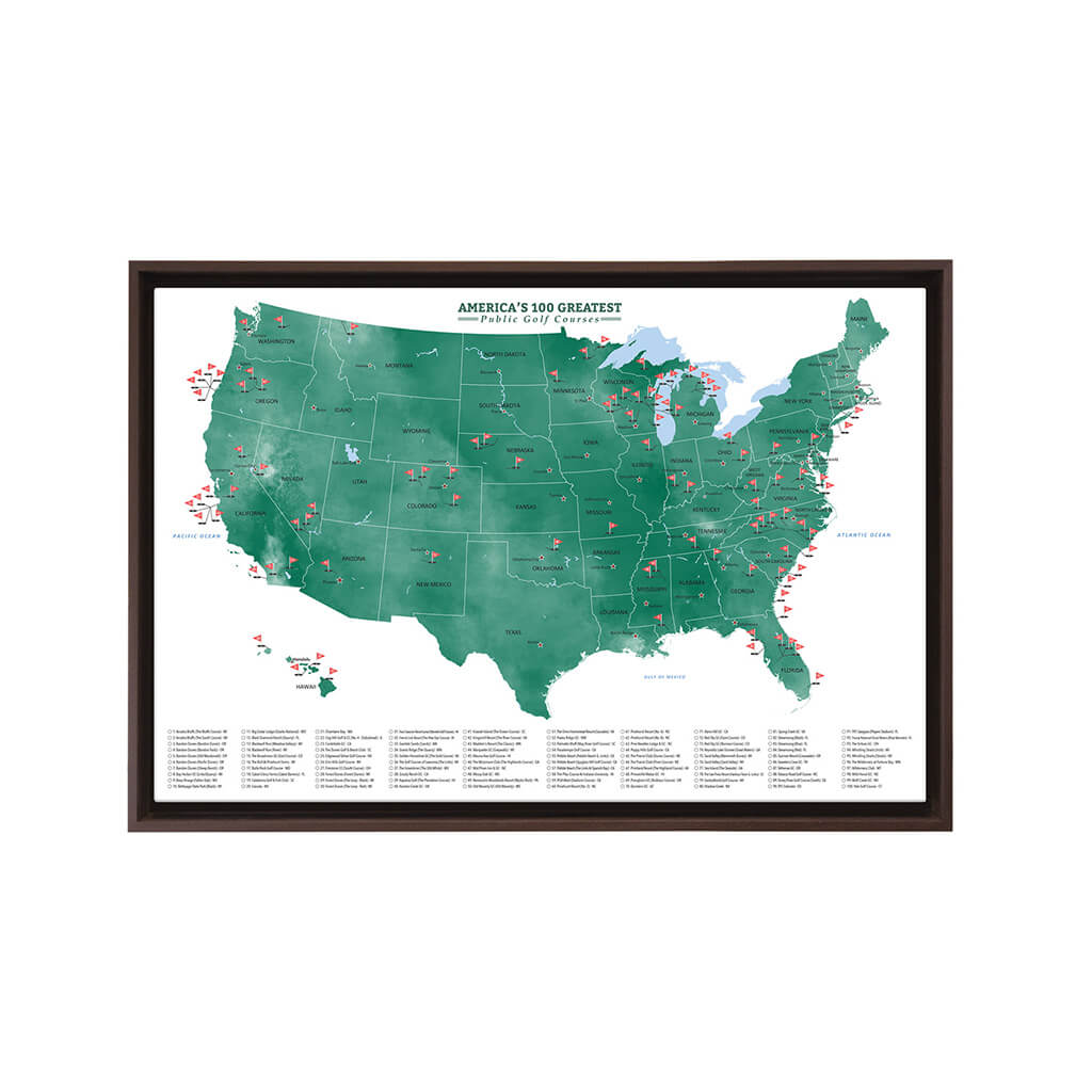 America&#39;s Top 100 Public Golf Courses Gallery Canvas Map in Optional Brown Float Frame - 20&quot; x 30&quot; size
