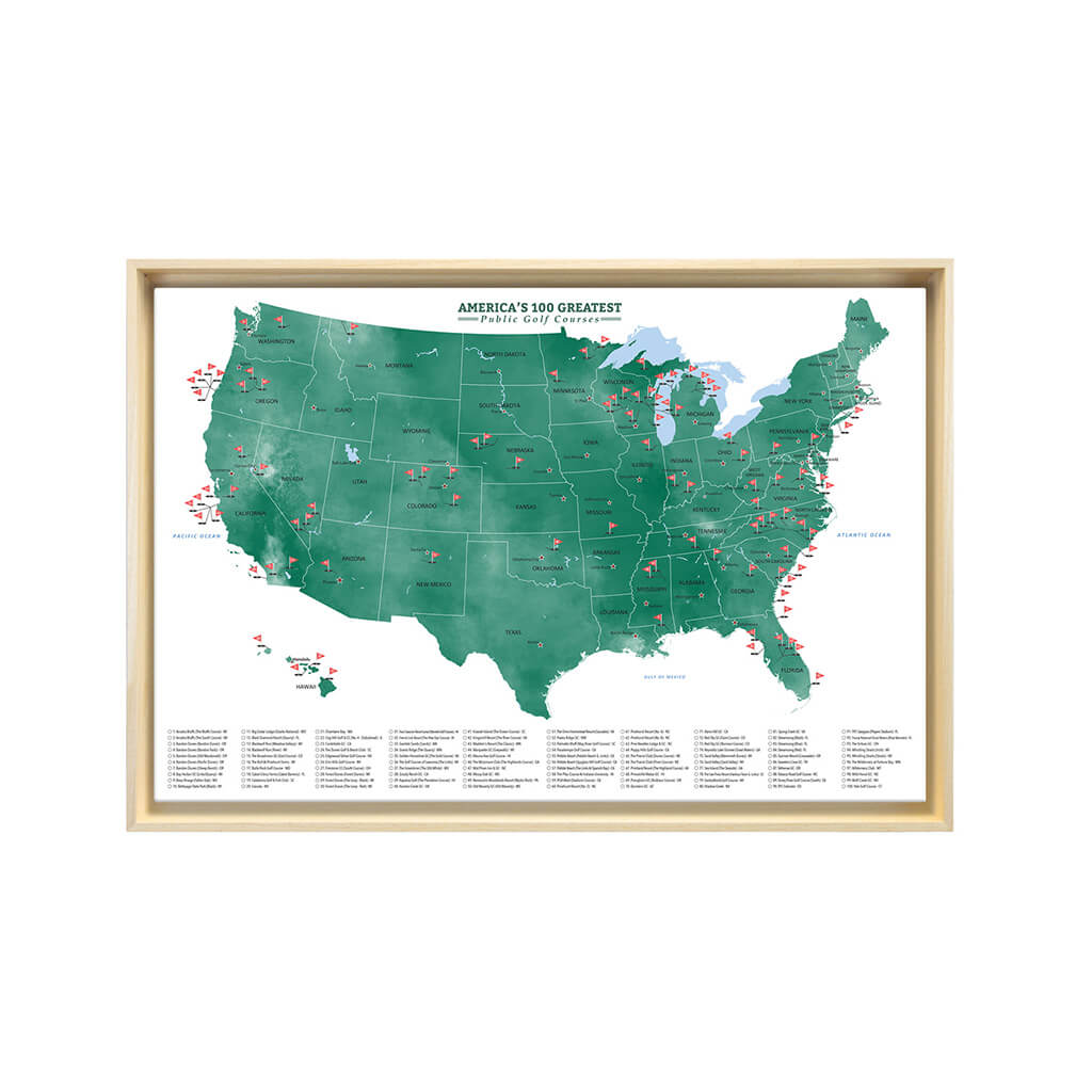 America's Top 100 Public Golf Courses Gallery Canvas Map in Optional Natural Tan Float Frame - 20" x 30" size