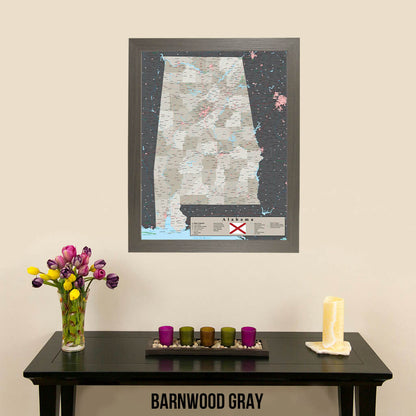 Earth Toned Alabama State Push Pin Travel Map in Barnwood Gray Frame