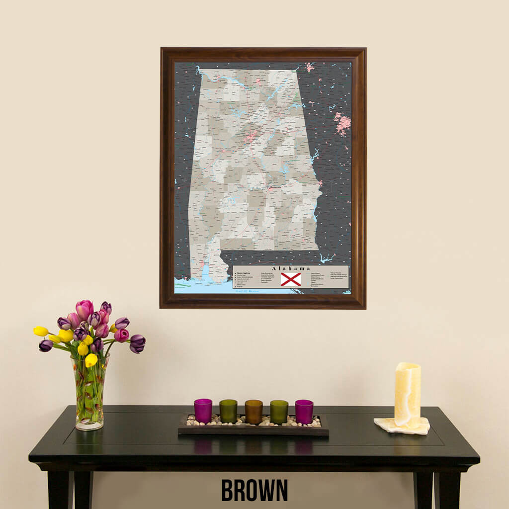 Earth Toned Alabama State Push Pin Travel Map in Brown Frame