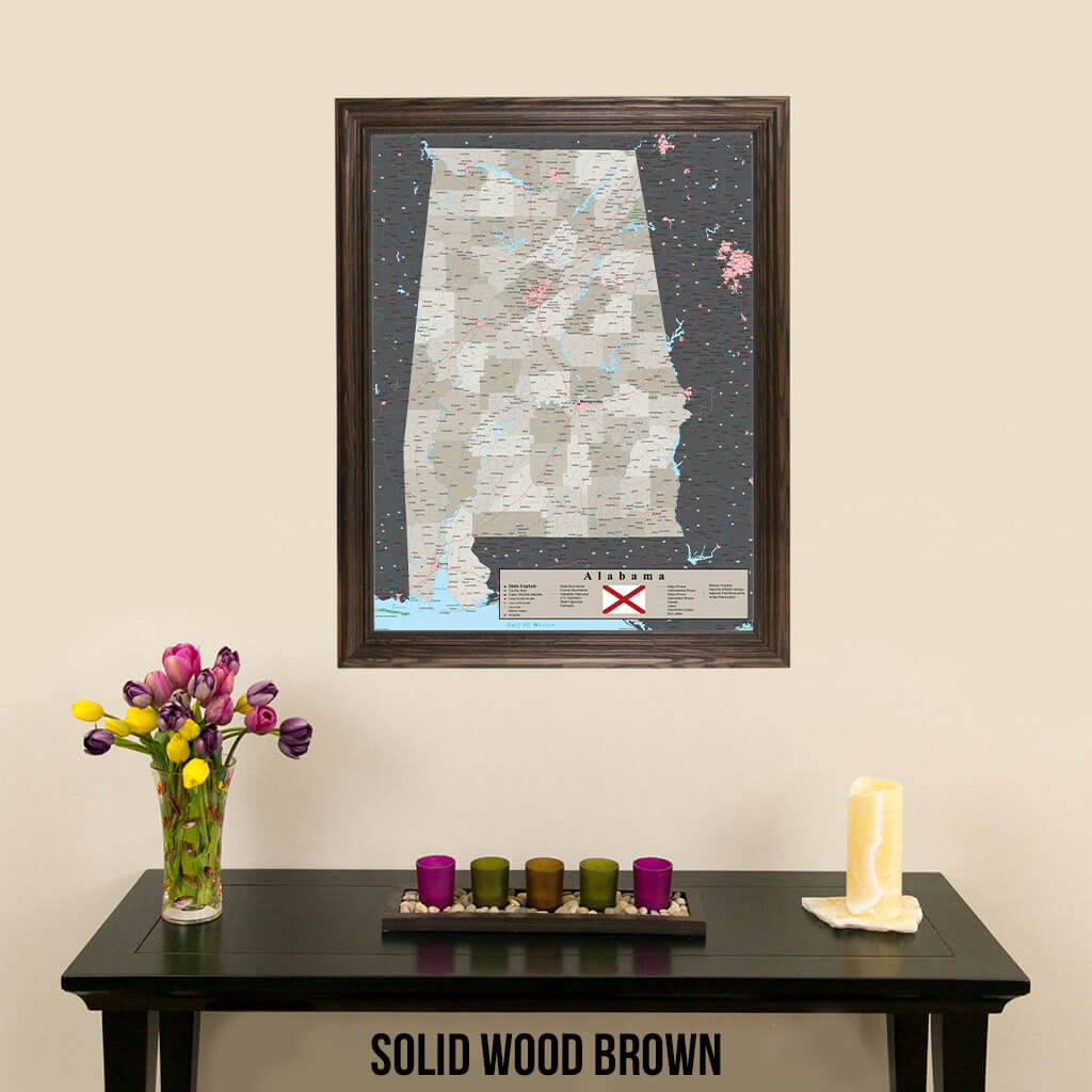 Earth Toned Alabama State Push Pin Travel Map in Solid Wood Brown Frame