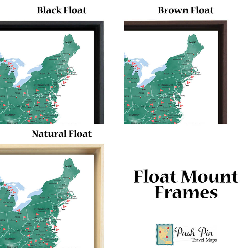 Closeup of Optional Float Frames for Gallery Wrapped Map Styles at Push Pin Travel Maps