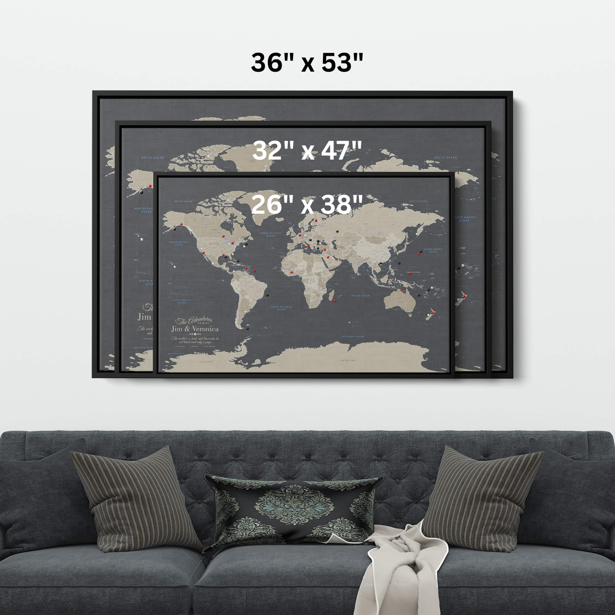 Canvas - Earth Toned World Travel Map with pins