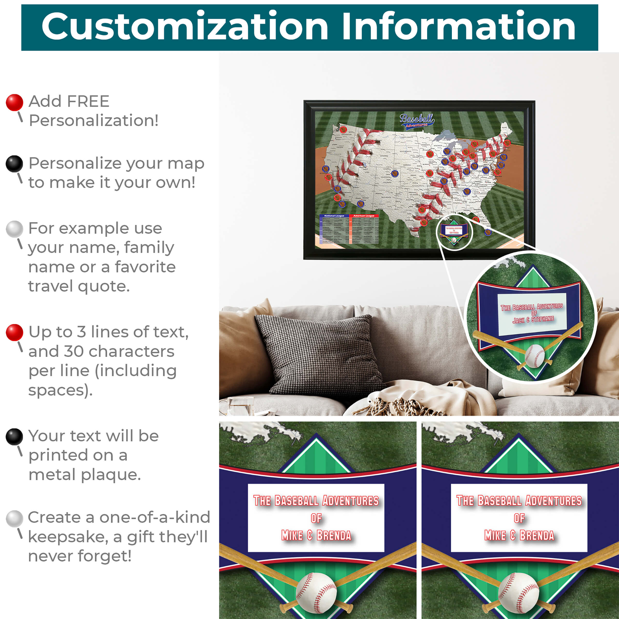 Baseball Adventures Ballpark Push Pin Travel Maps - Personalization