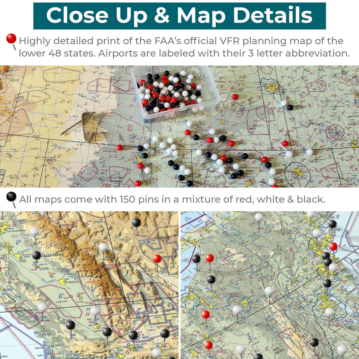 USA VFR Pilots Push Pin Travel Maps - Close up and Details
