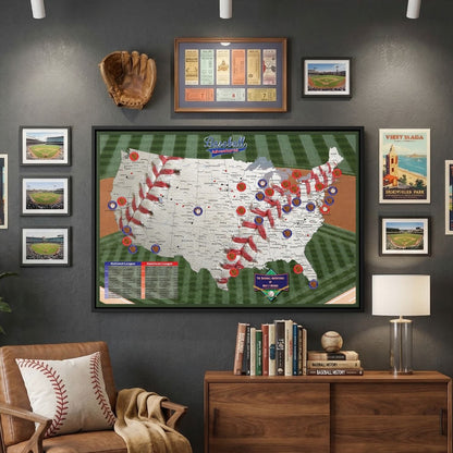 Personalized baseball adventures push pin travel map canvas displayed in baseball-themed man cave room decor