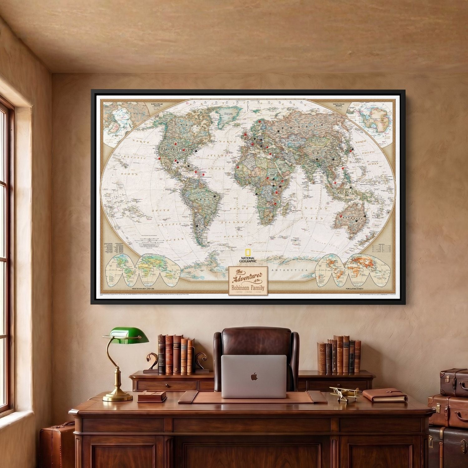 Framed National Geographic executive world travel map canvas in black frame with red and black pins marking destinations traveled. 