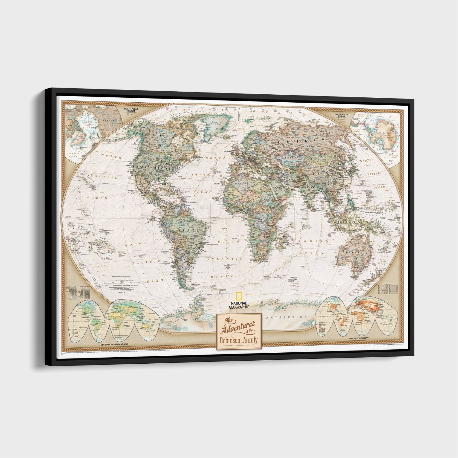 Personalized National Geographic executive world travel map canvas in black frame