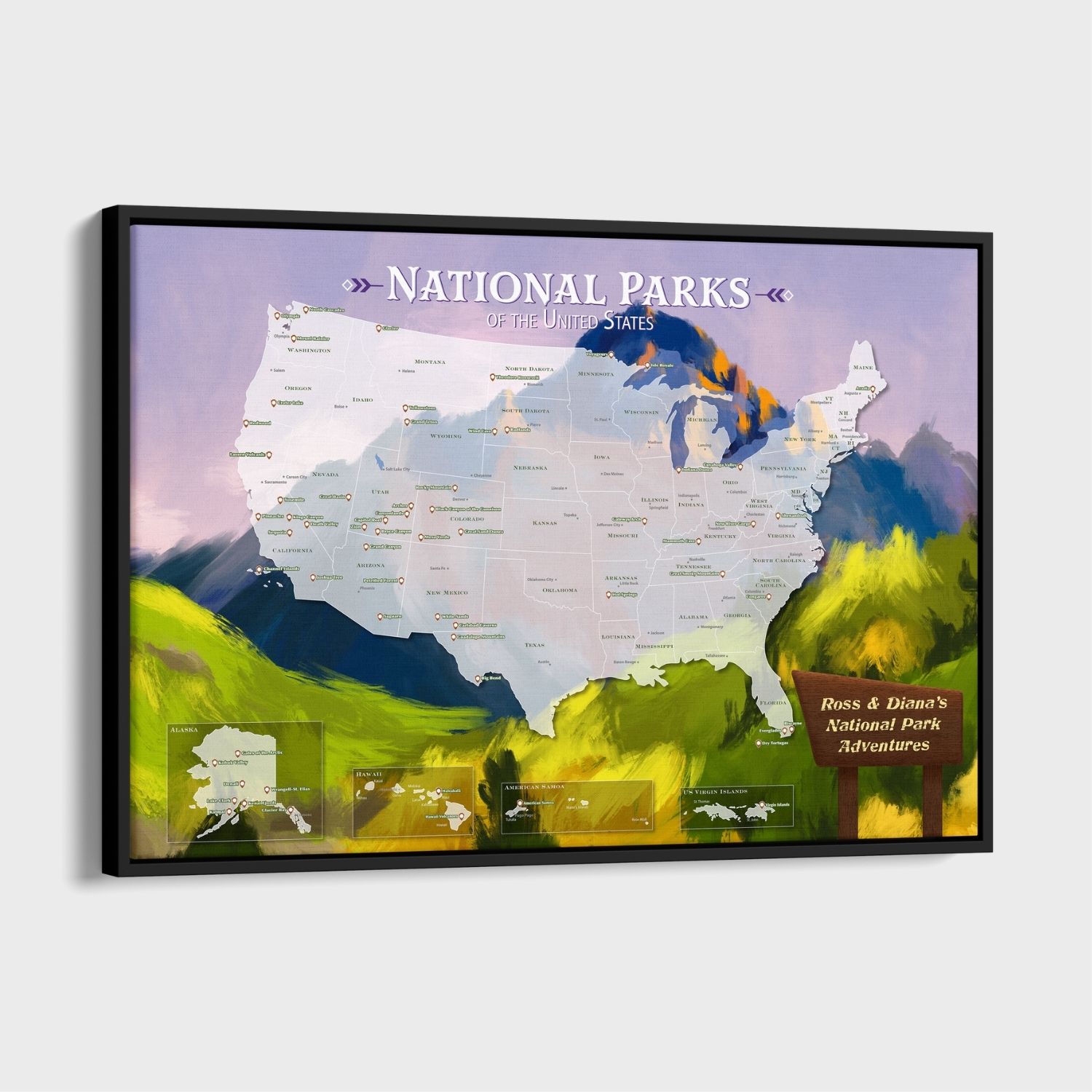 Canvas - National Parks Watercolor Travel Map with Pins