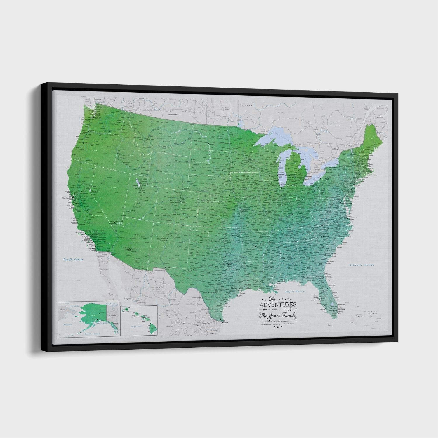 Personalized emerald green watercolor USA travel map canvas in black float frame