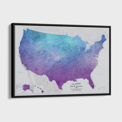 Vibrant violet watercolor USA travel map canvas with blue purple gradient in black frame