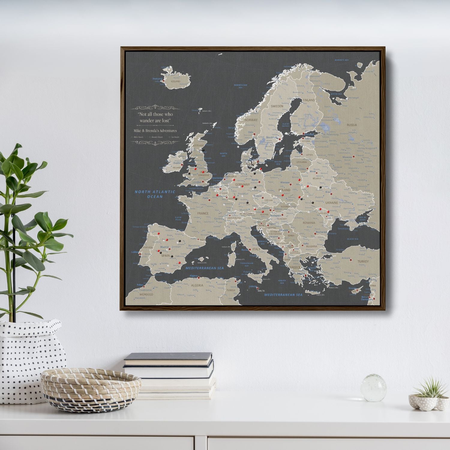 Canvas - Earth Toned Europe Travel Map with Pins - Square