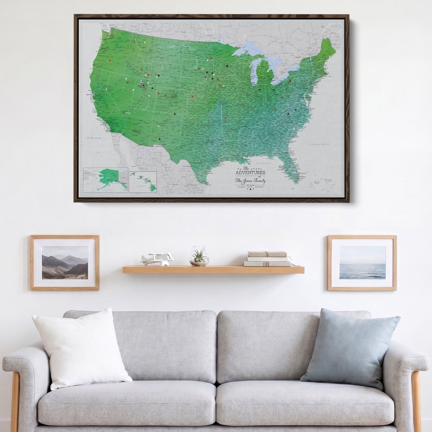 Enchanting Emerald watercolor USA travel map canvas with colorful pins hung above gray sofa in living room