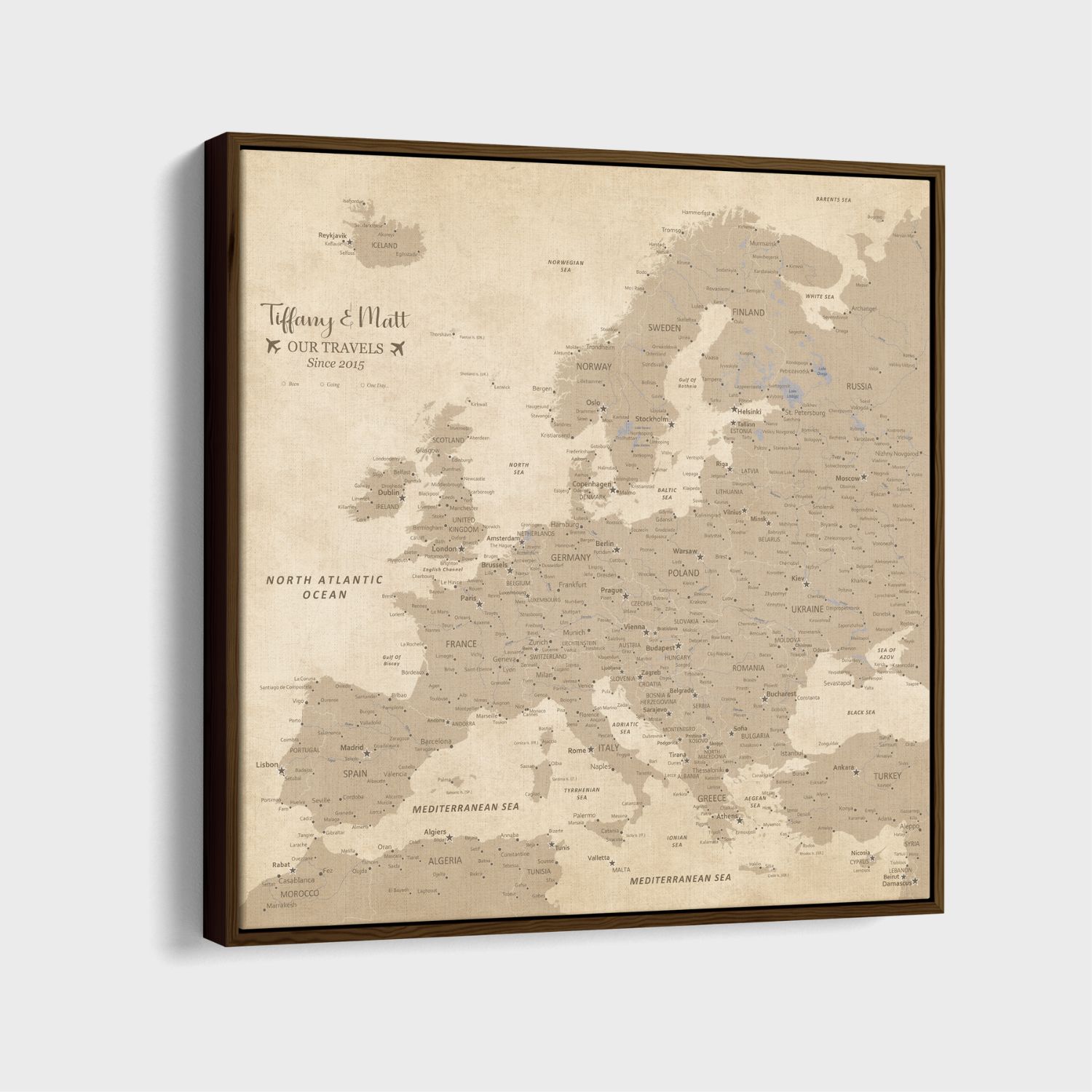Personalized vintage Europe travel map canvas in walnut float frame with beige tones
