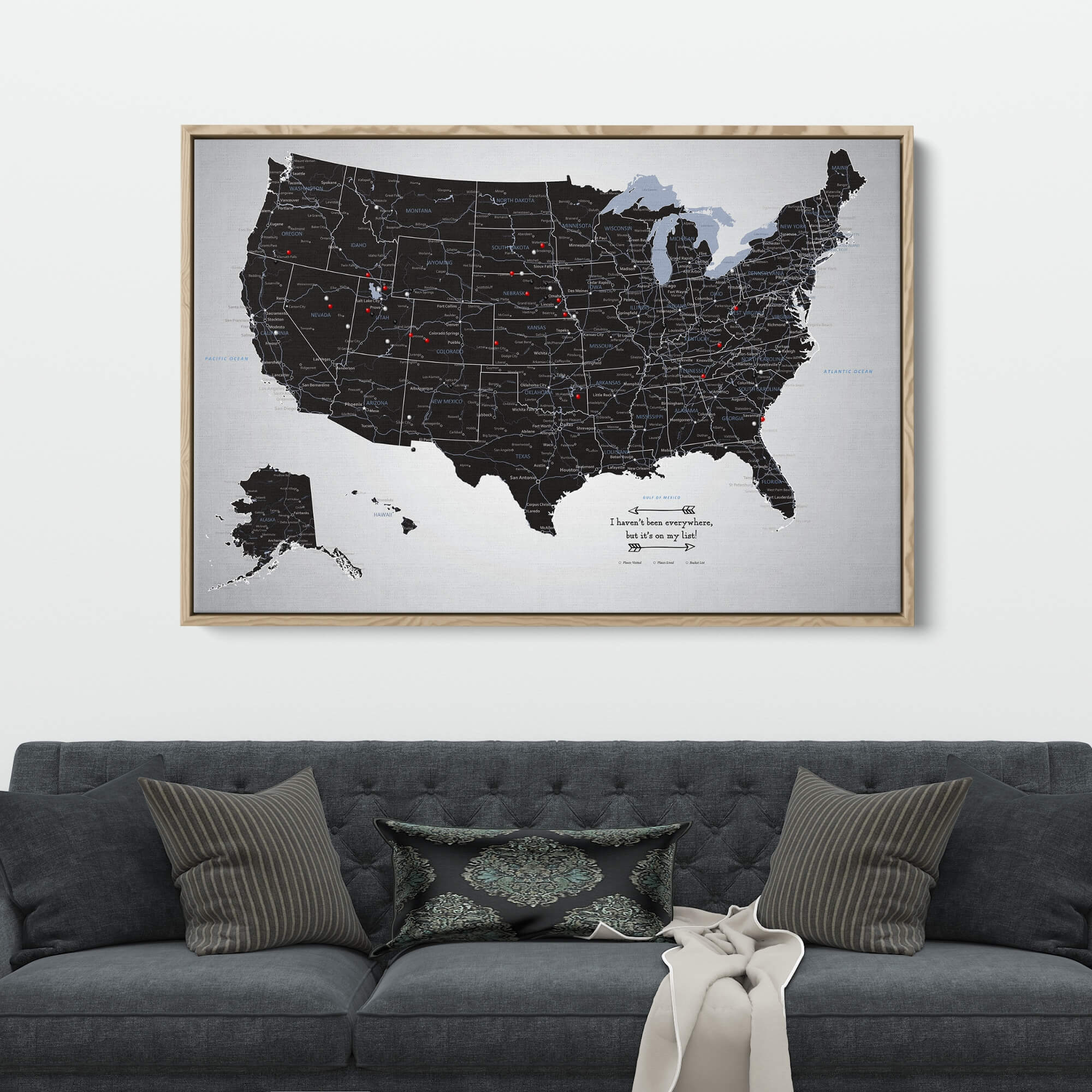 Canvas - Black Ice USA Travel Map with pins