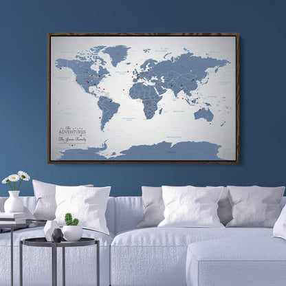Canvas - Blue Ice World Push Pin Travel Map with pins