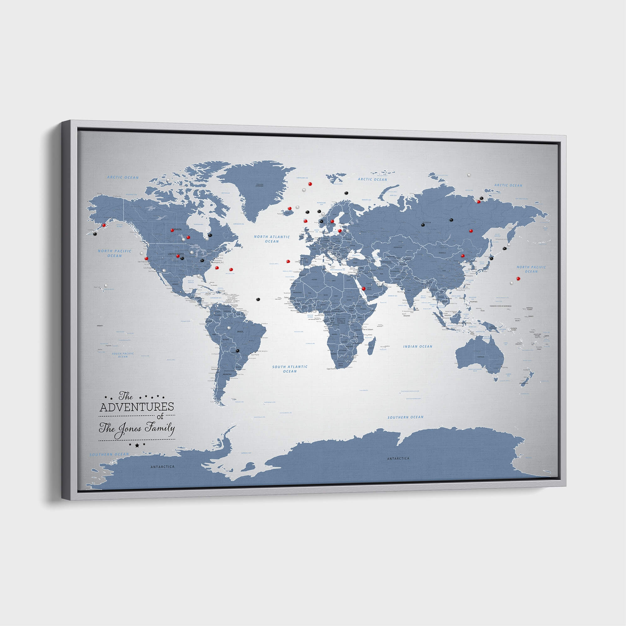 Canvas - Blue Ice World Push Pin Travel Map with pins