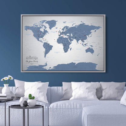 Canvas - Blue Ice World Push Pin Travel Map with pins