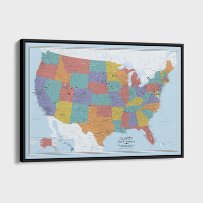 Canvas - Blue Oceans USA Travel Map with pins