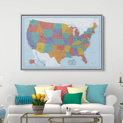 Canvas - Blue Oceans USA Travel Map with pins