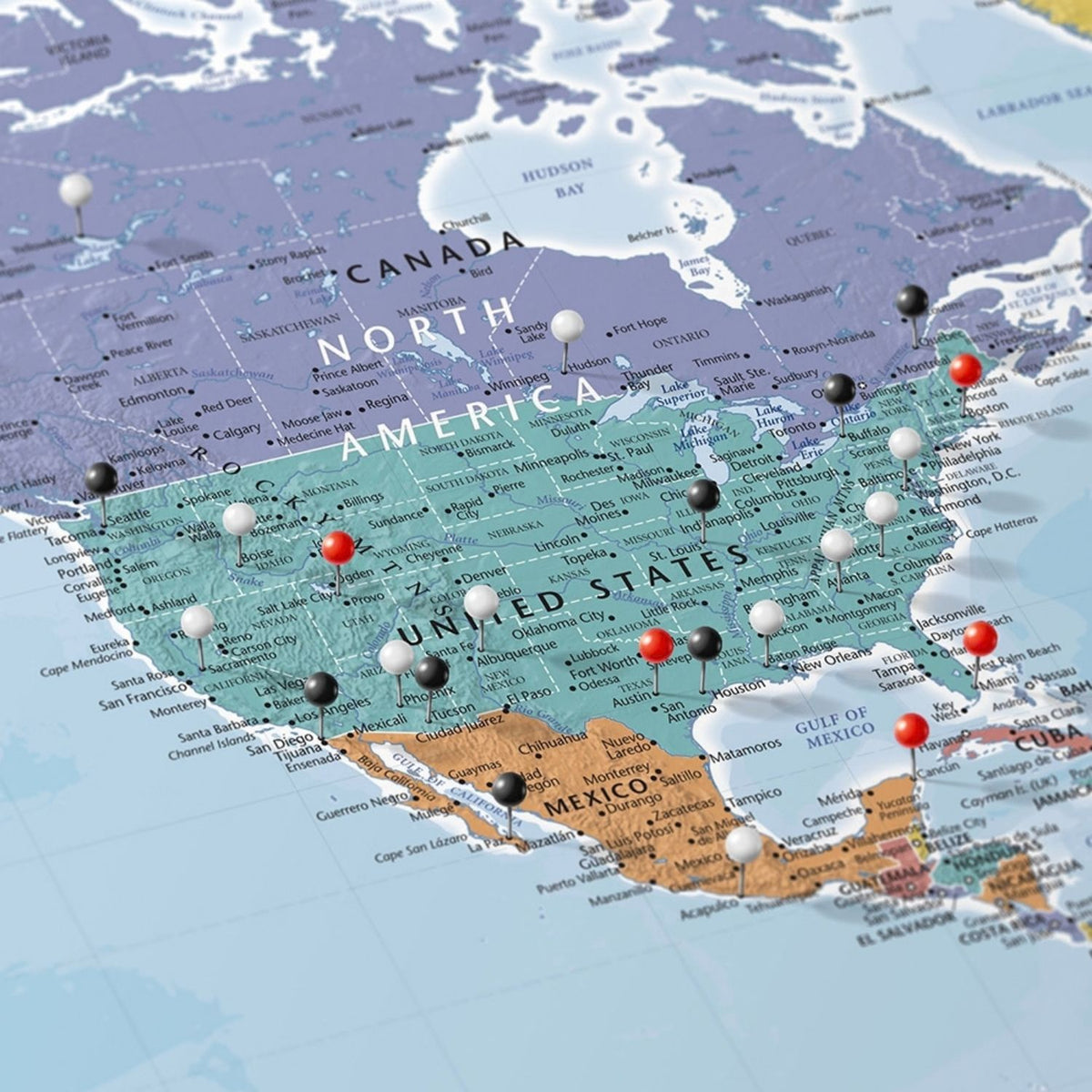 Gallery Wrapped - Blue Oceans World Travel Map with pins