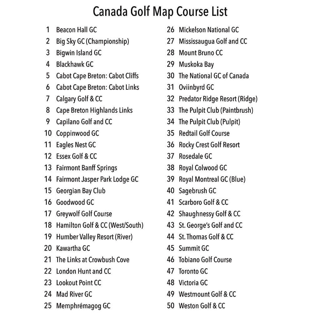 Closeup of Golf Courses List on Canada Golf Map