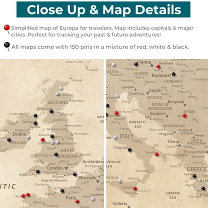 Close-up detail of vintage Europe travel push pin map showing UK, Italy, and Balkans regions with red, black, and white pins marking cities