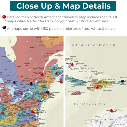 Close-up detail of tan oceans North America push pin travel map with red black white pins marking cities