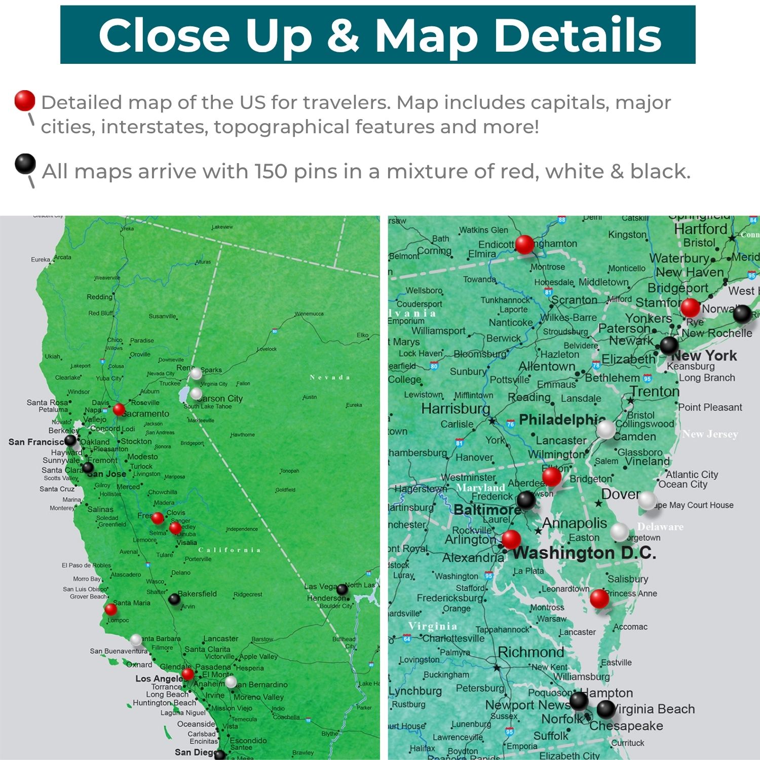 Close-up detail of emerald green watercolor USA canvas travel map with red black white pins marking cities