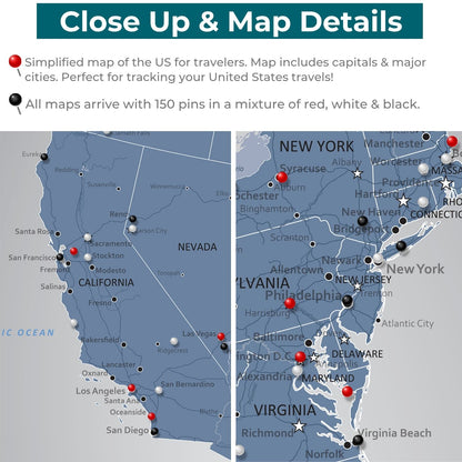 Close-up detail of Blue Ice USA push pin travel map showing California and East Coast cities with red black and white pins