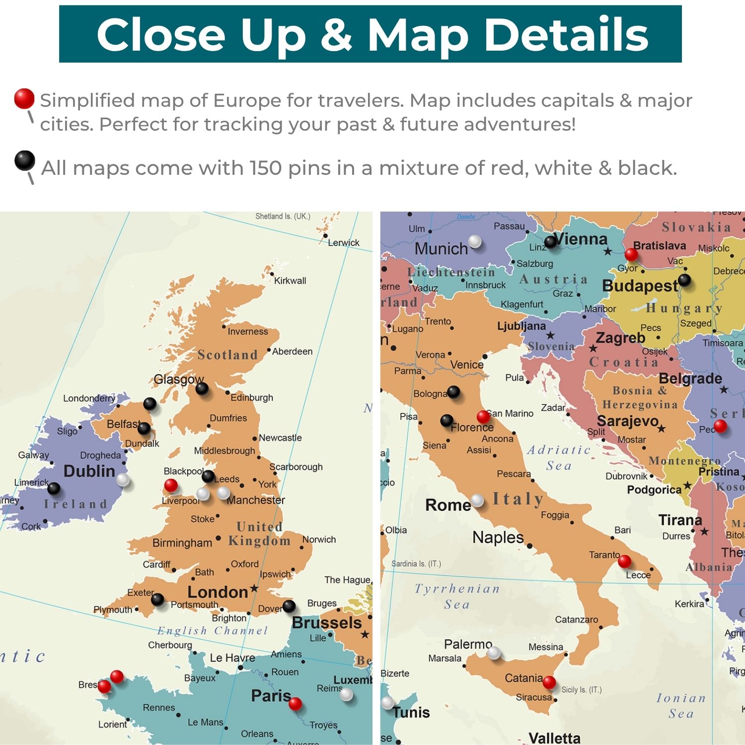 Close-up detail of Europe push pin travel map showing UK, Italy, and Balkans with red, white, and black pins